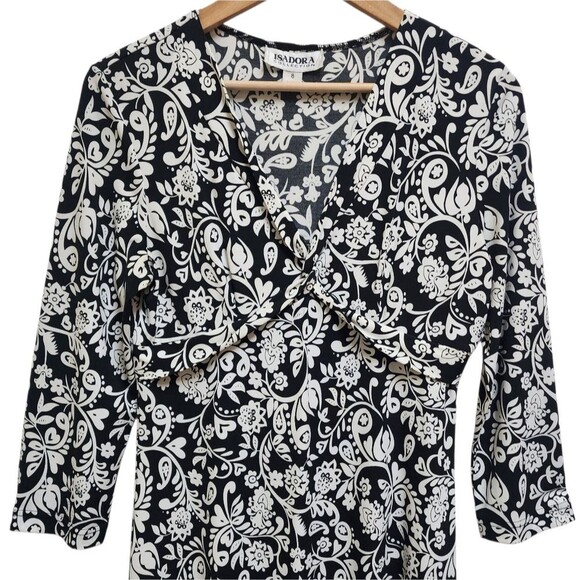 Isadora Dress Sz 8 Black White Paisley V Neck Jersey Knit Flare Midi Stretch - Picture 3 of 9